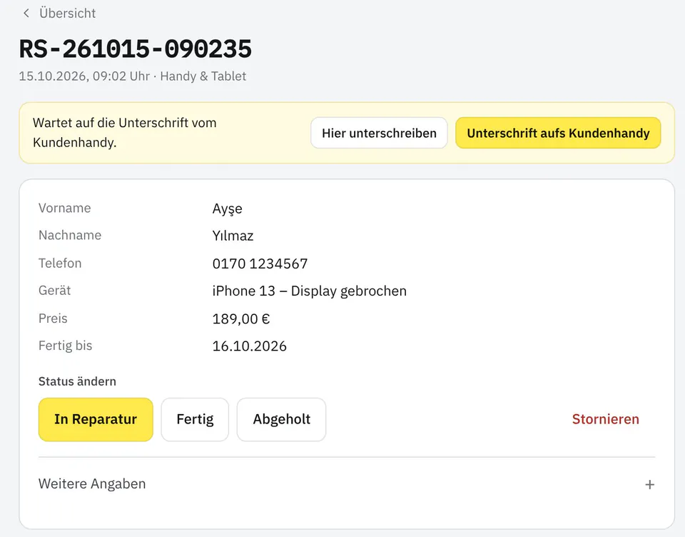 Taskly: geöffneter Arbeitszettel mit Kundendaten, Gerät, Preis und dem Knopf „Unterschrift aufs Kundenhandy“