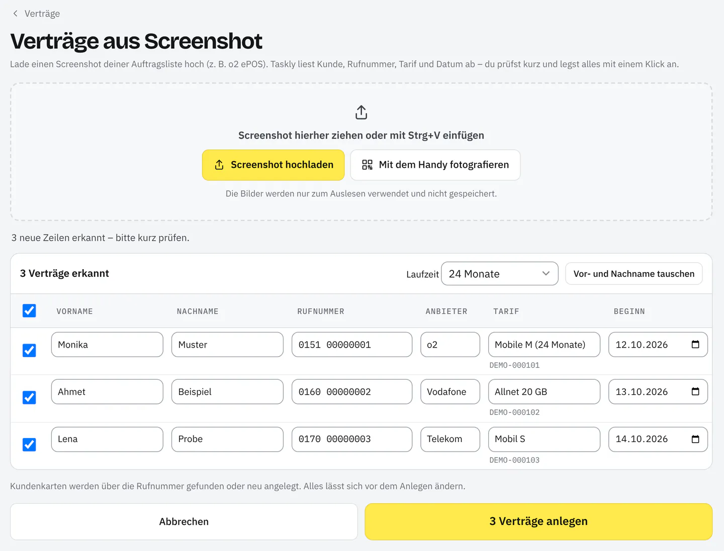 Taskly: „Verträge aus Screenshot“ – drei erkannte Verträge mit Vorname, Nachname, Rufnummer, Anbieter, Tarif und Beginn in einer Prüftabelle, darunter „3 Verträge anlegen“