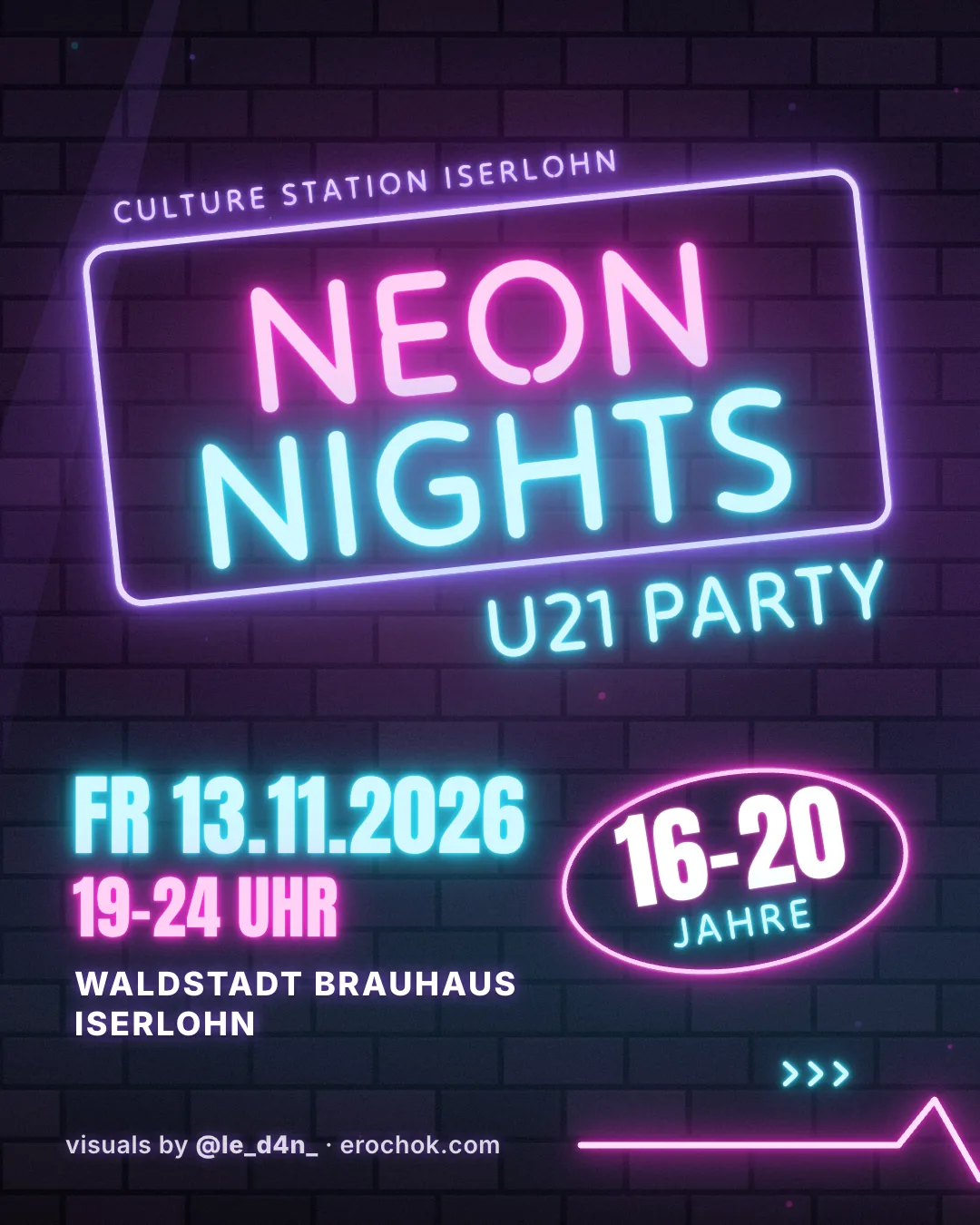 Karussell-Beitrag NEON NIGHTS, Bild 1 von 3: Neon-Schild mit Datum, Uhrzeit und Ort nach dem offiziellen Flyer-Motiv