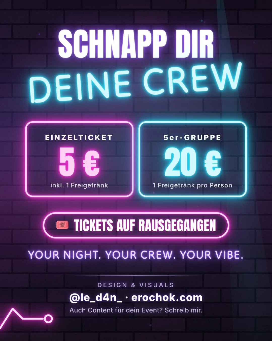Karussell-Beitrag NEON NIGHTS, Bild 3 von 3: Tickets über Rausgegangen und Credit „Design & Visuals“