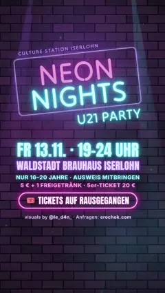 Still from reel 1 “Hype”: neon sign NEON NIGHTS with date, venue and tickets